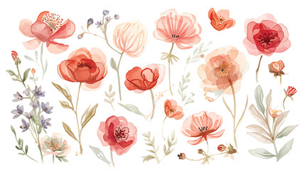 Watercolor floral elements with coral and pink poppies and delicate green stems on PNG black background