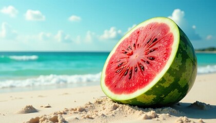 Giant watermelon stands upright on beach sand , fruit, organic