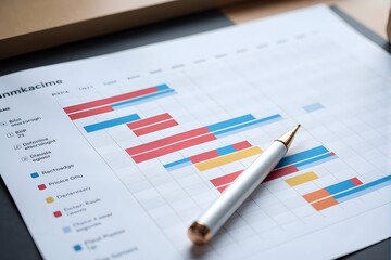 A white pen lies on a bar chart on a desk.