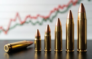 Bullets arranged in ascending size represent rising violence. Background shows trend chart. Concept for gun control debate arms sales or increasing crime rate. War conflict and danger.