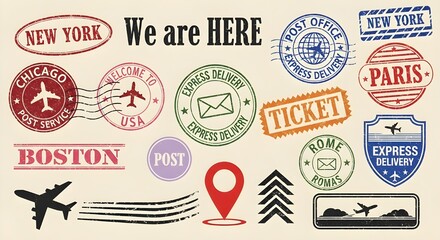 We Are Here Vintage Travel Stamps Collection | Retro City Postmarks and Airplane Stickers for Tourism, Delivery Services and Global Business Marketing