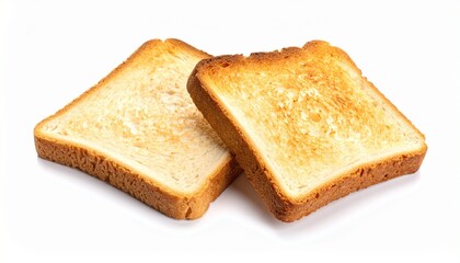 Two slices of golden-brown toasted bread with crisp texture placed on white background for editorial breakfast food photography nutrition and minimalist culinary-themed visuals
