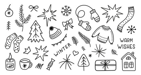 Winter doodle set of seasonal elements isolated on a white background. Christmas hand drawn sketch. Vector retro icons
