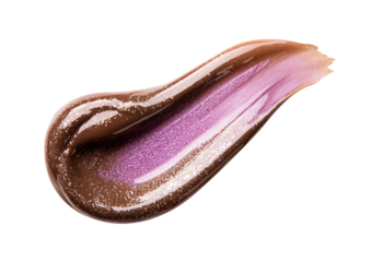 Glossy cosmetics texture with diamond shine, gradient from chocolate brown to lilac color. Gel nail polish or liquid lip gloss swatch. Isolated element with clear even edge on transparent background