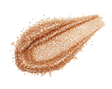 Gold texture swatch. Close-up of loose smear with glitter, full coverage effect. Isolated element with clear even edge on transparent background