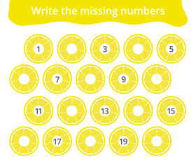 Missing number worksheet for kids with lemons, count and write numbers from 1 to 20, great for preschool math learning and early number practice.