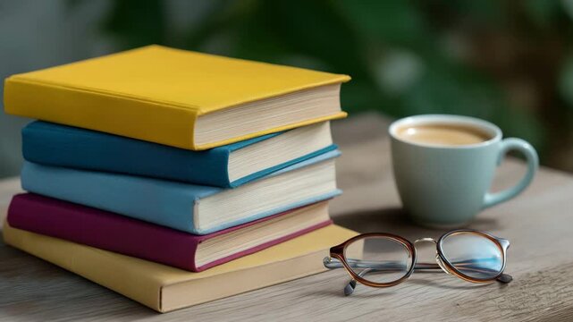 A vibrant stack of books sits next to a cup of coffee and glasses, creating an inviting atmosphere conducive to reading, studying, and fostering knowledge and imagination.