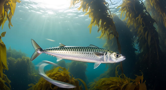 Mackerel fish in underwater kelp forest
