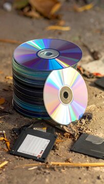 Stack of CDs and DVDs on ground