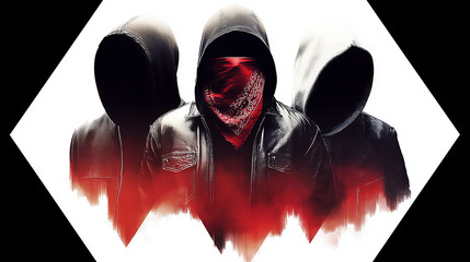 Three hooded figures with concealed identities evoke mystery and intrigue in a striking dark-themed composition with red accents.