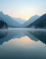 Fototapeta premium Tranquil lake at dawn with still water reflecting surrounding trees, mountains. Soft mist rises from surface. Sky gradient of colors as sun begins to rise. Calm lake water mirrors mountain range.