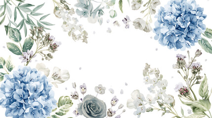Watercolor floral frame with blue hydrangeas, pale roses, and green leaves creating a border on a PNG black background