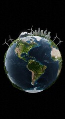 Earth globe with city, mountain, and wind turbines on black background.