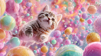 Adorable kitten astronaut floating in a vibrant, candy-colored galaxy, whimsical space scene, bright pastel hues, cute and playful, high detail, digital art