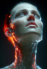 A futuristic depiction of a woman with a high-tech appearance symbolizes human connection and the integration of technology in art.