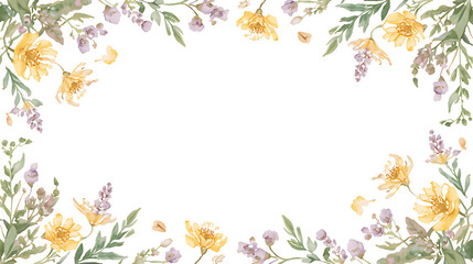 Watercolor floral frame with yellow wildflowers and pale purple blossoms and green leaves on a PNG black background