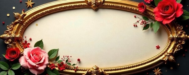Gilded oval frame with floral motifs, rich texture, antique, border, decorative
