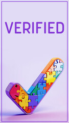 Verified Tick Mark Puzzle Pieces Colorful Purple Vertical Text 