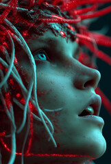 A close-up of a serene face adorned with glowing neural lines, representing the connection between humanity and technology.