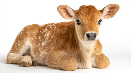 Adorable light brown calf lying peacefully on a clean white background, high resolution, soft natural lighting, sharp details, studio-style animal portrait