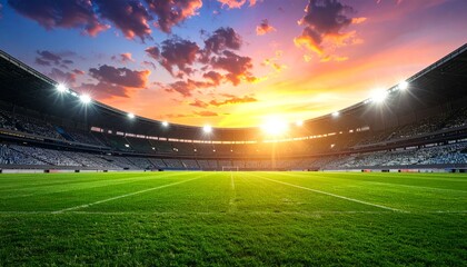 A vast green grass football field at sunset