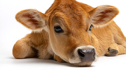 Adorable light brown calf lying peacefully on a clean white background, high resolution, soft natural lighting, sharp details, studio-style animal portrait