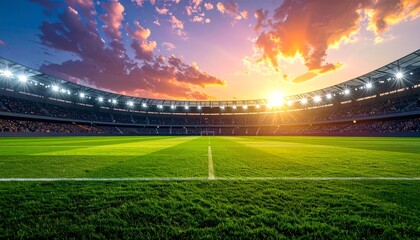 A vast green grass football field at sunset