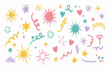 Obraz premium Cute Hand Drawn Doodle Celebration Elements Set. Colorful Vector Collection of Stars, Hearts, Serpentine, and Sparkle Shapes. Pastel Graphic Assets for Party, Kids, Birthday, and Festival Design.