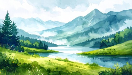 Summer countryside landscape with river, green grass, trees and blue sky watercolor illustration
