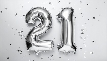 Silver balloon number 21 with confetti on solid colored background. Photo for anniversary or birthday party