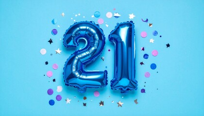 Blue balloon number 21 with confetti on solid colored background. Photo for anniversary or birthday party