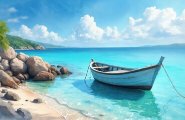 Fototapeta premium Small blue boat on calm turquoise sea water near sandy beach with rocks. Boat tied to shore by rope. Palm trees, green hills and blue sky with clouds in background. Sunny day by ocean shore.