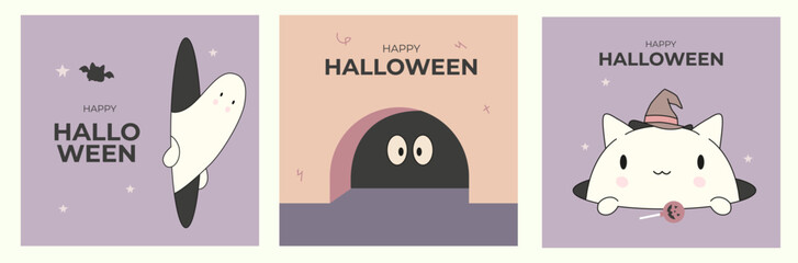 Cute Halloween Card Set. Minimalist kawaii illustrations with ghost, black monster, and cat in witch hat with lollipop. Happy Halloween poster templates for kids, social media and  invitations.
