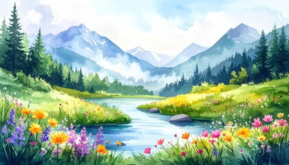Summer countryside landscape with river, green grass, trees and blue sky watercolor illustration