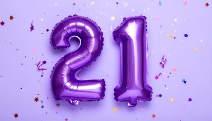 Purple balloon number 21 with confetti on solid colored background. Photo for anniversary or birthday party