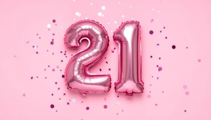 Pink balloon number 21 with confetti on solid colored background. Photo for anniversary or birthday party