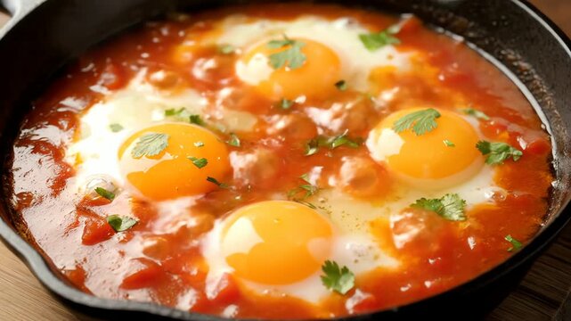 Delicious Shakshuka Preparation in a Cast Iron Skillet with Fresh Ingredients: A Culinary Delight Showcase