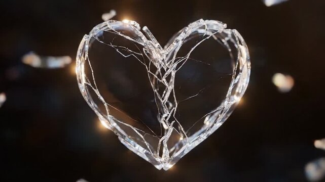 Shattered glass heart fragments exploding outwards into darkness representing heartbreak and loss