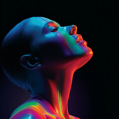 An artistic portrayal of a woman bathed in vibrant hues, representing emotional depth and creative expression.