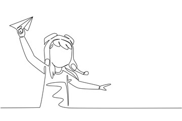Single continuous line drawing girl wearing pilot helmet holds paper airplane. Embrace role of being first female pilot in the world. National Paper Airplane Day. One line design vector illustration