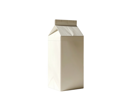A tall, opaque carton, possibly for beverages or liquids, stands against a stark black backdrop. The white packaging suggests dairy or alternative products, and the image offers a minimalistic feel.