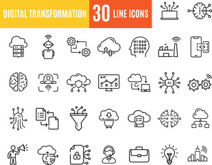 Digital Transformation line  icon set. Collection of line icons as digital services, internet, cloud computing, technology. Vector illustration..