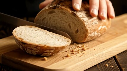 Artisanal Bread Slice: A Cinematic Look at Fresh Baking and Preparation on Wooden Surface, Slicing a rustic loaf with bread knife on cutting board - Powered by Adobe