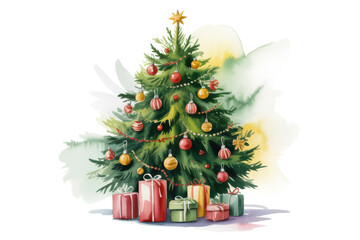 Watercolor christmas tree illustration with festive ornaments and gifts for holiday decor. perfect design for greeting cards, posters, and seasonal artwork.