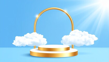 Illustration of a bright blue summer sky with a platform on a base under clouds