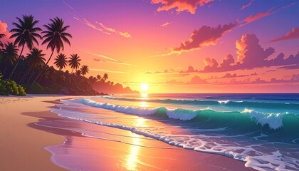 Warm summer sunset landscape with orange clouds over ocean waves and sandy beach