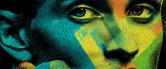 A vibrant and graphic representation of a woman's beauty, highlighted by halftone patterns and bold hues for visual impact.