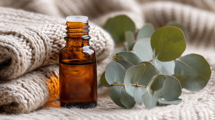Amber essential oil bottle placed on soft knit fabric next to fresh eucalyptus leaves, natural wellness and aromatherapy concept, warm and cozy atmosphere