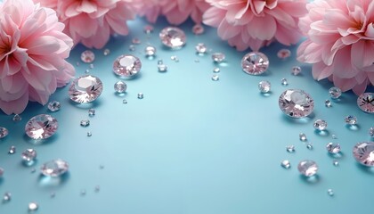 Pink hydrangeas with sparkling diamonds on blue background. Elegant floral arrangement with precious gemstones. Romantic image of beauty and luxury. Ideal for wedding invites design or jewelry ads.