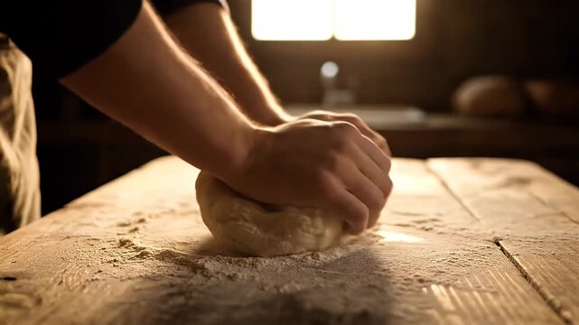 Baker skillfully kneading dough on a floured wooden table in a warm rustic kitchen displaying traditional baking techniques and expertise creating